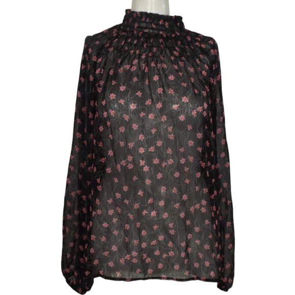 ELIZABETH & JAMES Blouse, L, Sheer Black/Pink Floral, Smocked Neck, Long sleeeve - Picture 8 of 12